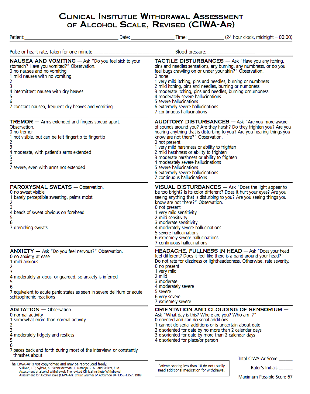 CIWA-Ar Assessment Tool